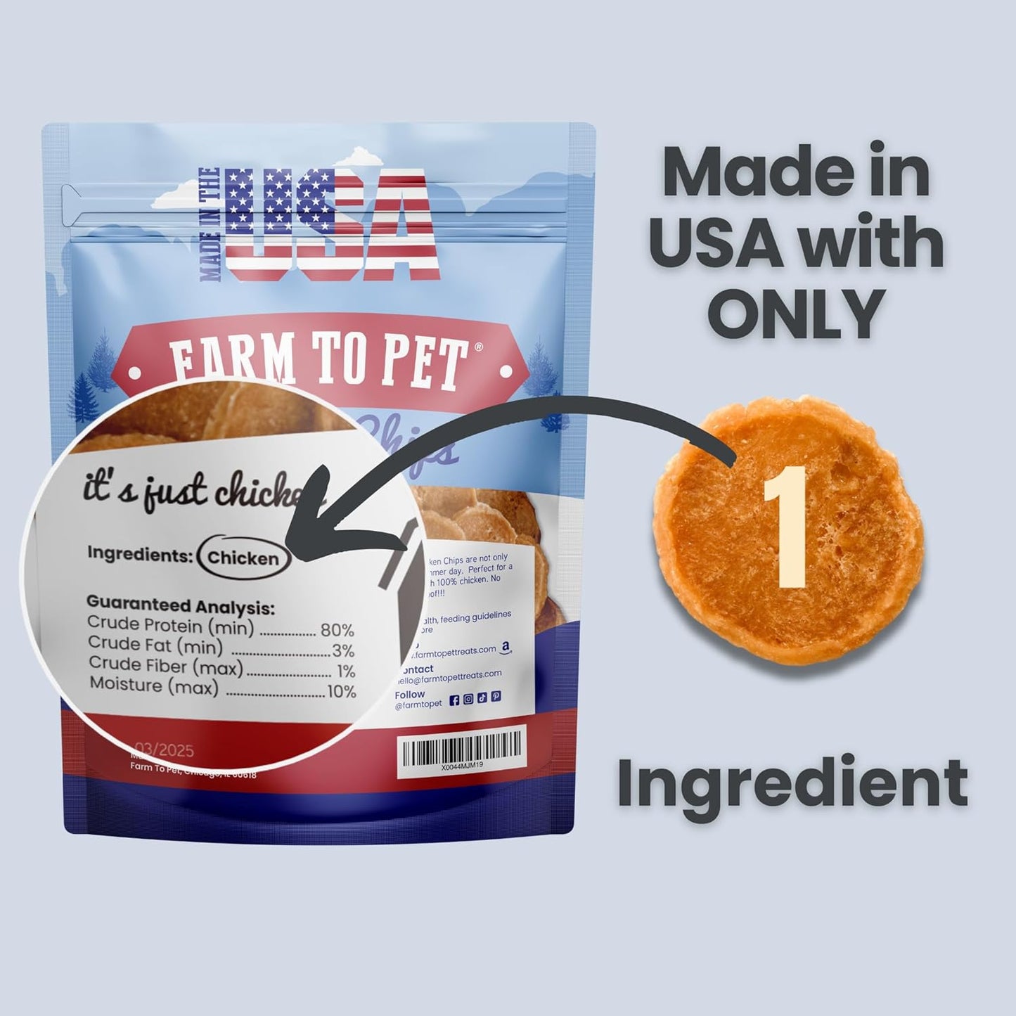 Farm To Pet, Dog Training Treats - Chicken Chips, Single Ingredient, Lean, All Natural, Healthy Dog Treats for Small, Medium, Large Dog Breeds, & Puppies, Made in USA