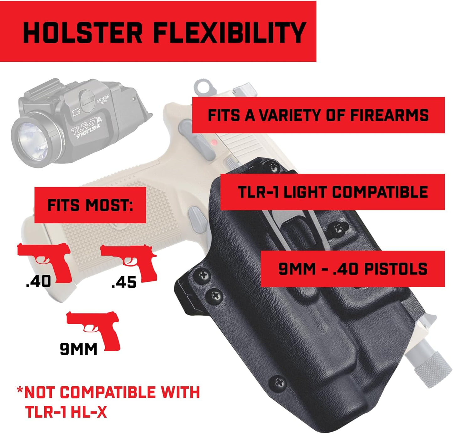 Crucial Concealment®, Ambidextrous Universal Light Holster for TLR-1/TLR-1 HL | Concealment Holster with Light | Adjustable Retention | IWB Holster Clip