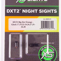 XS Sights, DXT2 Big Dot Tritium Night Sights. Tritium Front and Rear set. Fits Glock 17,19,19X,20,21,22,23,24,26,27,29, 30,31,32,34,35,36,37,38,39,40,41,42,43,43X,45,48,49 models including MOS versions