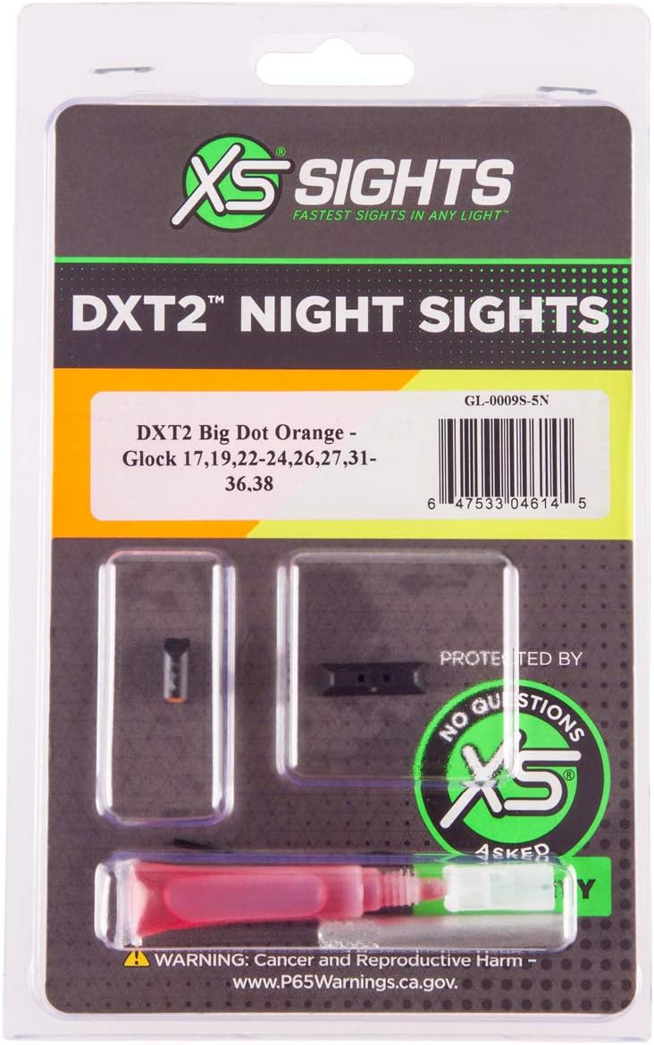 XS Sights, DXT2 Big Dot Tritium Night Sights. Tritium Front and Rear set. Fits Glock 17,19,19X,20,21,22,23,24,26,27,29, 30,31,32,34,35,36,37,38,39,40,41,42,43,43X,45,48,49 models including MOS versions