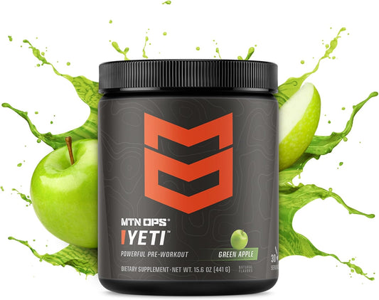 MTN OPS, Yeti Pre-Workout Powder Energy Drink with Creatine, 200mg Caffeine & BCAAs with Beta Alanine, 30-Serving Tub, Green Apple