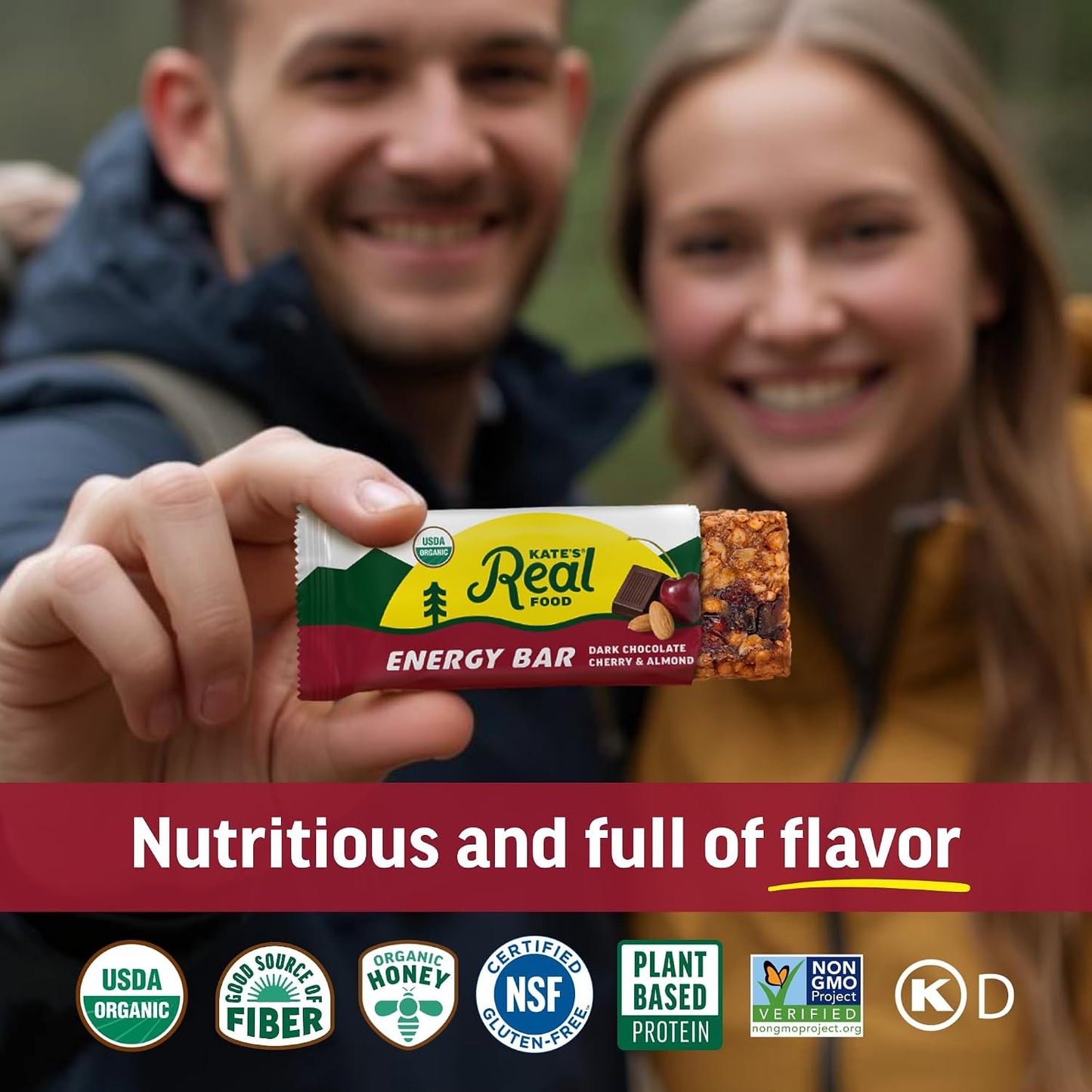 Kate’s, Real Food Organic Granola Bars - Dark Chocolate Cherry & Almond (2.2 oz, Pack of 12) - Organic Energy Bars Made with Gluten Free Oats - Non GMO, Soy Free, Whole Grains, and All Natural - Healthy Snacks