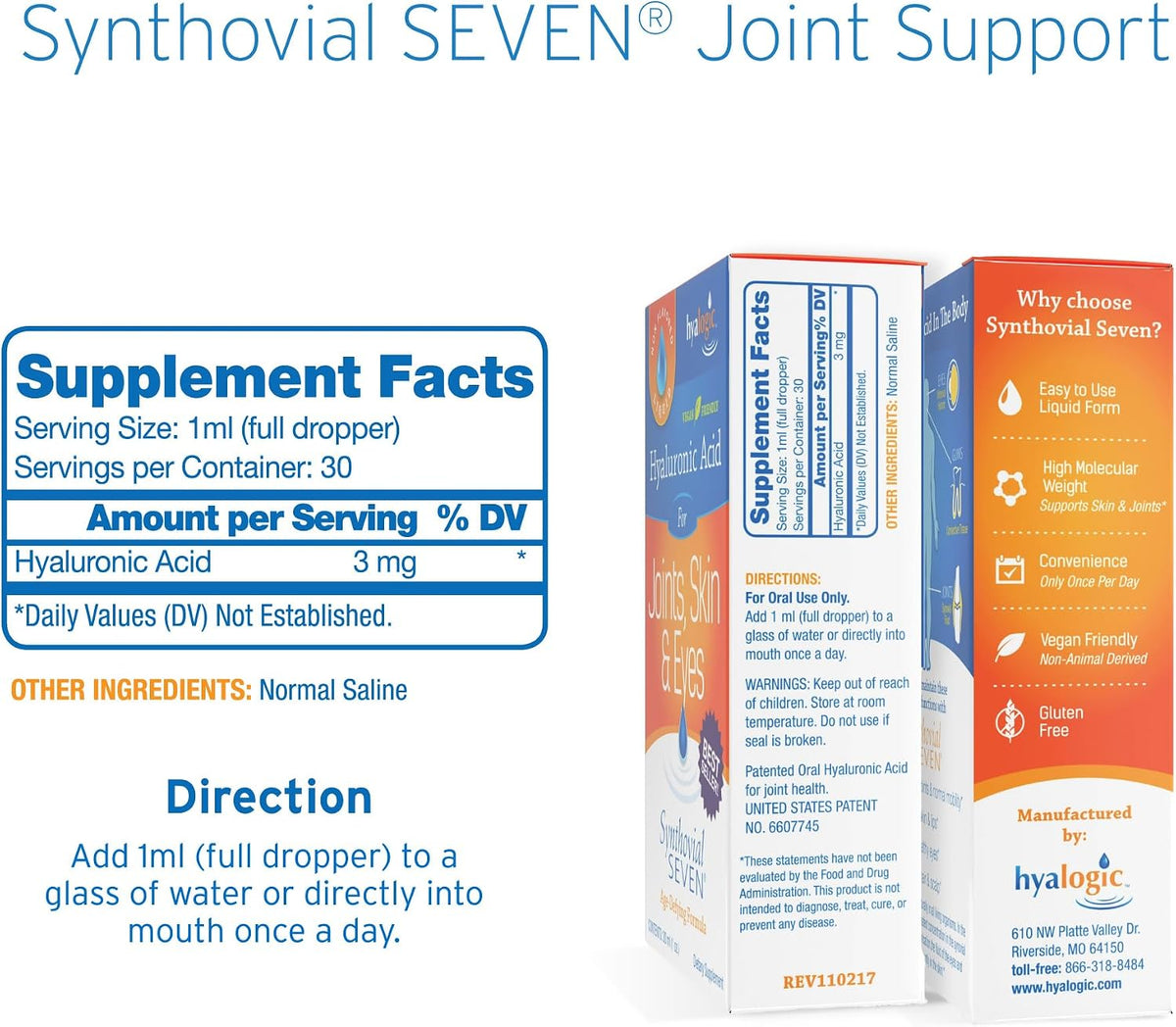 Hyalogic, Synthovial Seven HA Joint & Skin Supplement, Vegan-Friendly, 1oz