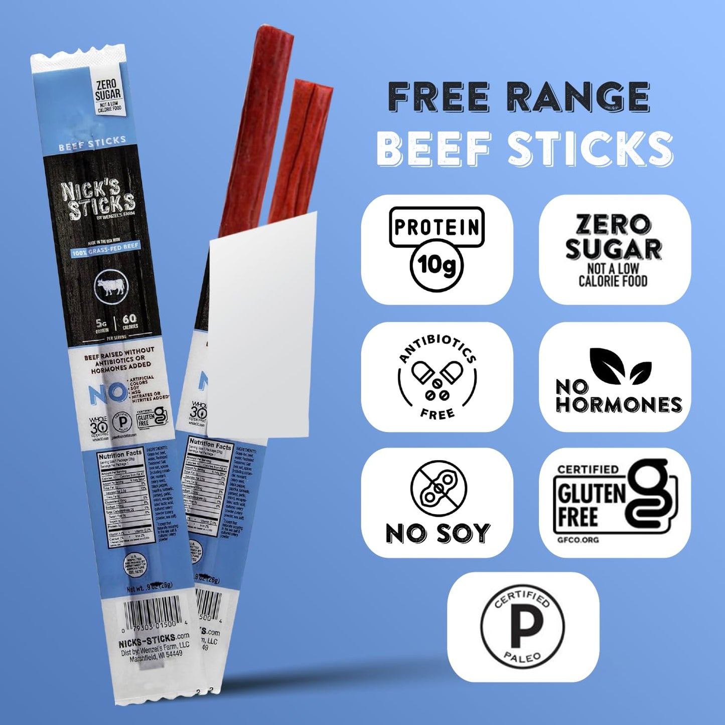 Nick's Sticks, Clean & Balanced 100% Grass-Fed Beef Snack Sticks | Made in the USA | Gluten Free | Paleo, Keto, Whole30 Approved | No Soy, Antibiotics or Hormones (25 – 1.7oz. Packs of 2 Sticks)