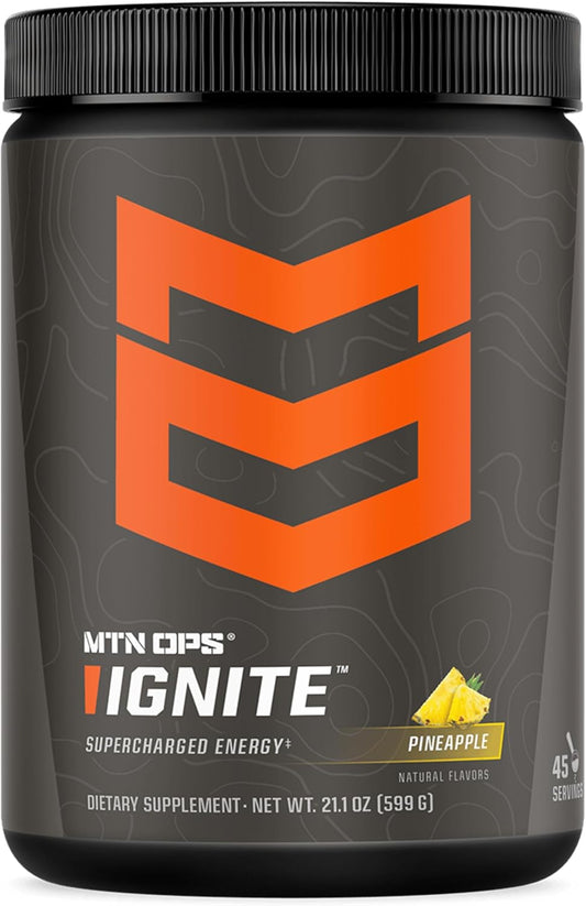 MTN OPS, Ignite Sugar Free Energy Drink Powder with 200mg Caffeine, Nootropic Blend for Energy, Focus & Endurance, L Arginine & L Citrulline Pre Workout, 45 Servings, Pineapple