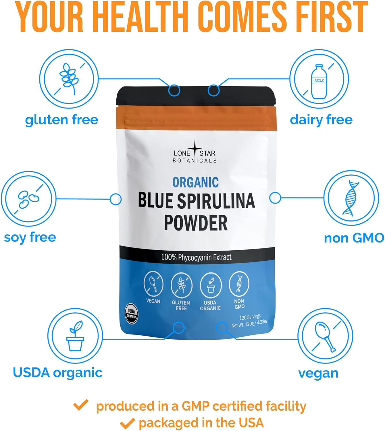 Lone Star, Organic Blue Spirulina Powder, 120 Servings - 100% Pure Superfood Blue-Green Algae, Natural Food Coloring for Smoothies & Protein Drinks - Non GMO, Gluten-Free, Vegan + USDA Certified, No Fishy Smell