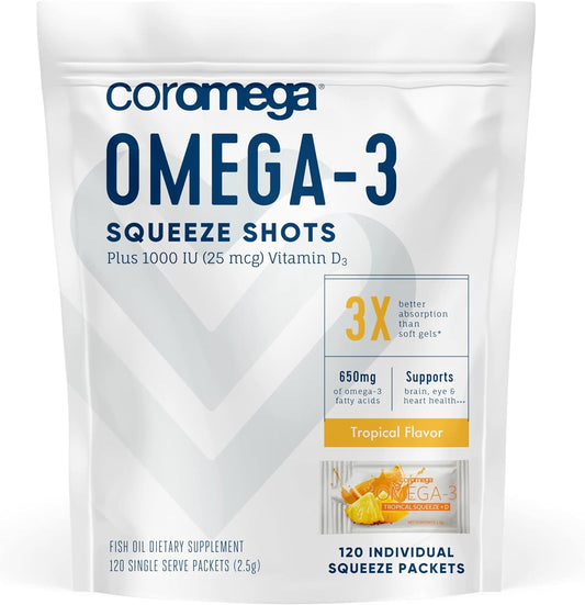 Coromega, Omega 3 Fish Oil Supplement + Additional Vitamin D3, 650mg of Omega-3s with 3X Better Absorption Than Softgels, Tropical Orange Flavor, 120 Single Serve Squeeze Packets