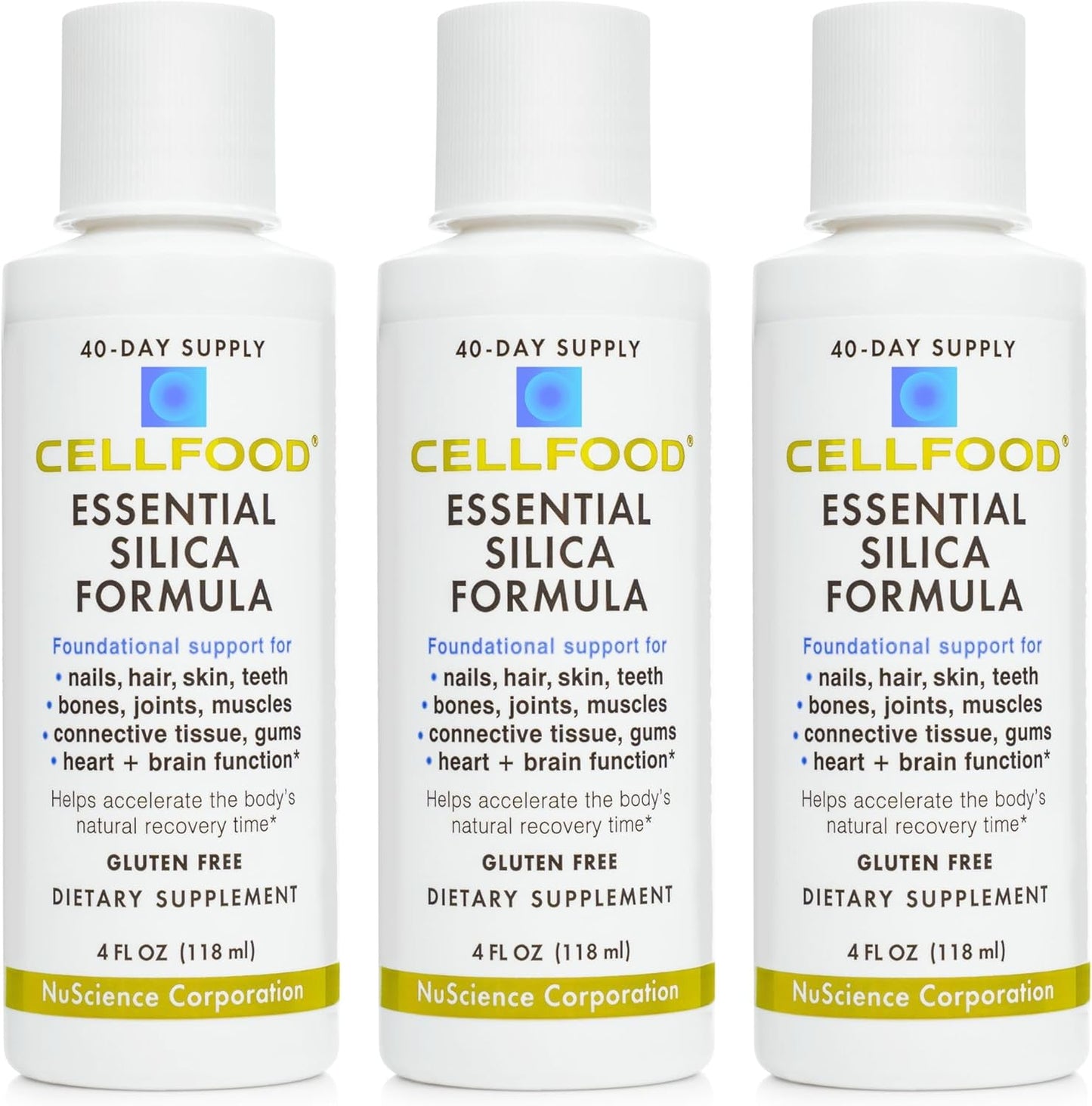 Cellfood Essential Silica Anti-Aging Formula, 4 fl oz - Supports Healthy Bones, Joints, Hair, Skin, Nails, Teeth & Gums - Easy to Absorb Liquid - Gluten Free, Thiaminase Free, Non-GMO - 40-Day Supply (3 Pack)