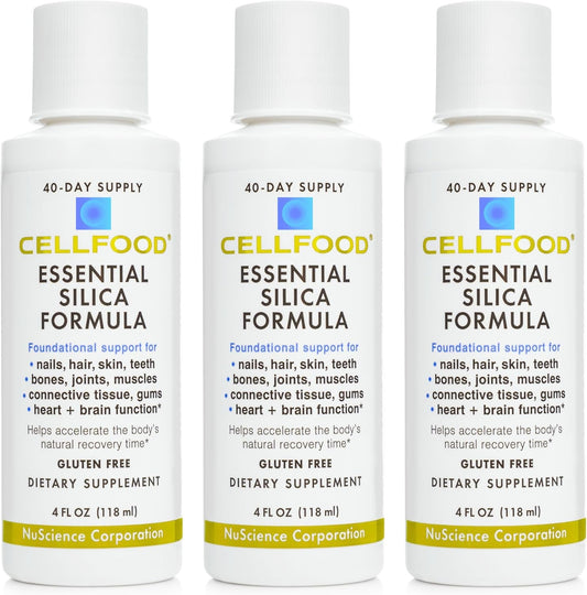Cellfood Essential Silica Anti-Aging Formula, 4 fl oz - Supports Healthy Bones, Joints, Hair, Skin, Nails, Teeth & Gums - Easy to Absorb Liquid - Gluten Free, Thiaminase Free, Non-GMO - 40-Day Supply (3 Pack)