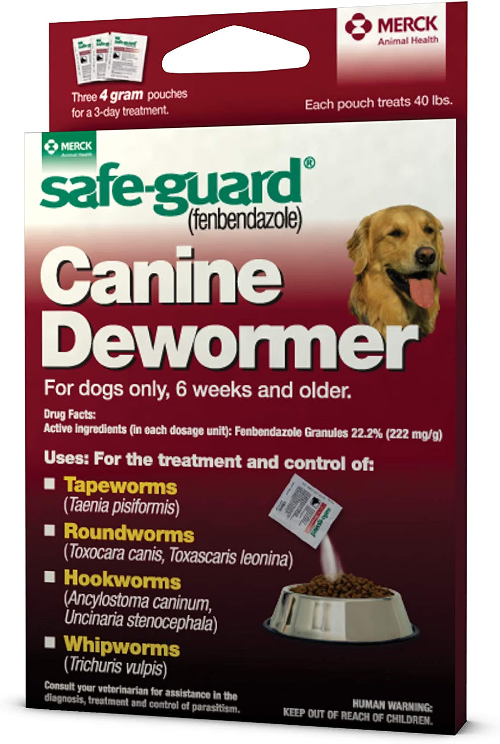 Safe-Guard, (fenbendazole) Canine Dewormer for Dogs, 4gm pouch (ea. pouch treats 40lbs.)