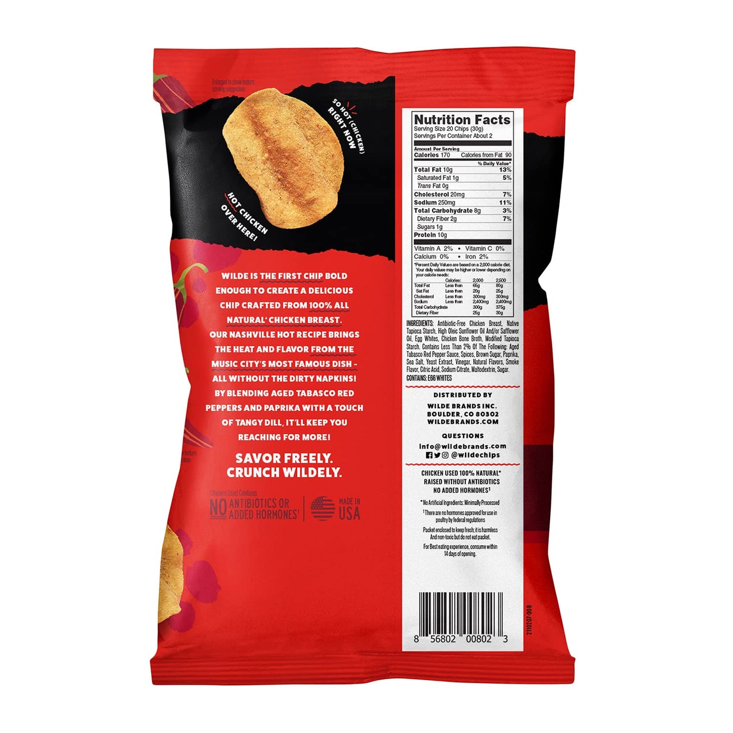 WILDE, Nashville Hot Protein Chips, Thin and Crispy, High Protein, Keto friendly, Made with Real Ingredients, 2.25oz Bags (Pack of 8)