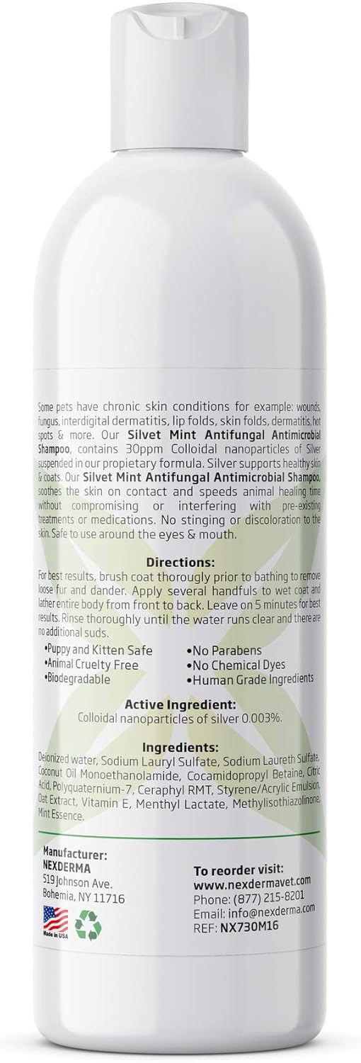 NEXDERMA, Natural Colloidal Medicated Pet Shampoo for Dogs and Cats - Tearless Hypoallergenic, Soap Free with Coconut Oil and Mint, Relief for Allergies, Odor, Itchy, Dry, Irritated Skin - 16oz, 1Pack