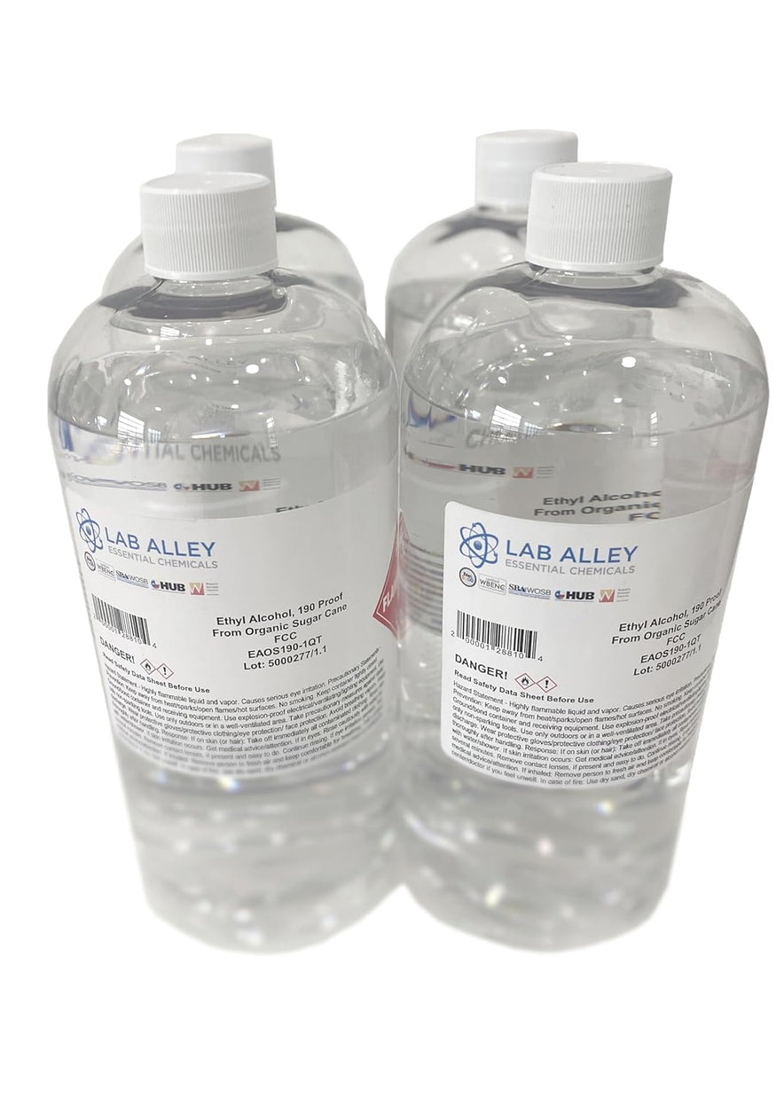 Lab Alley, Ethanol 190 Proof (95%) Non-Denatured Alcohol, USP/FCC Food Grade, Kosher-1 Liter
