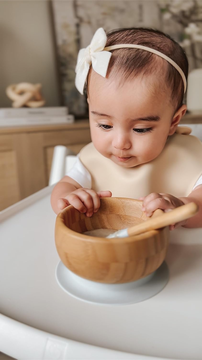 Avanchy, Baby Spoons 5 Bamboo and Silicone Set, Self Feeding Food Utensils, 4 Months Baby Led Weaning, 5 Pack W/Blue