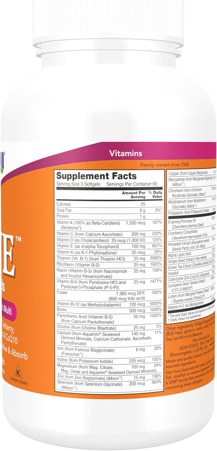 NOW Foods Supplements, Eve™ Women's Multivitamin with Evening Primrose, Cranberry, Green Tea, Horsetail Silica & CoQ10, 180 Softgels