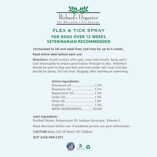 Richard’s Organics, Gentle Flea and Tick Spray for Dogs –100% Natural Actives Kills Fleas, Ticks, Repels Mosquitos for Up to 4 Weeks – No Harsh Chemicals, Safe for Use Around Children (12 oz)