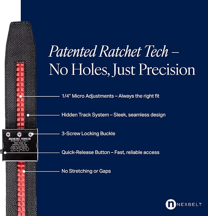Nexbelt, EDC Tactical Ratchet Belt – 1.5" Black Nylon, Quick-Release, Adjustable for Appendix Carry, Fits Up to 50" Waist