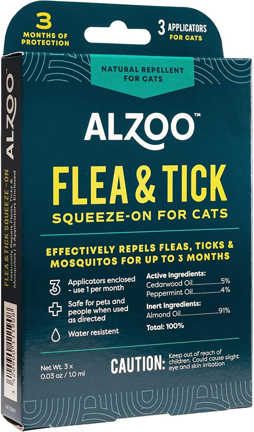 ALZOO, Natural Flea & Tick Squeeze-On for Cats, Helps Repel Fleas, Ticks & Mosquitos, Up to 3-Months Protection, Plant-Based Active Ingredients, Water-Resistant, 3 EZ-On Applicators Per Pack