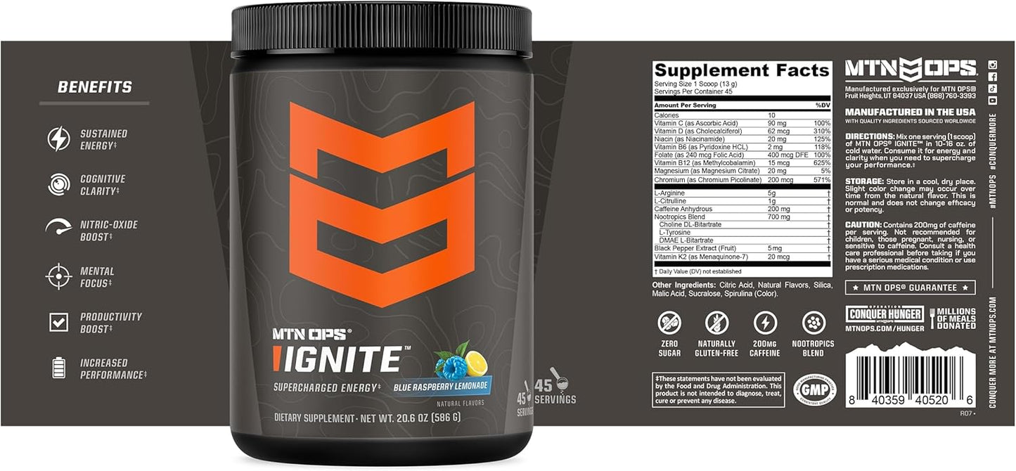 MTN OPS, Ignite Energy Drink Powder, Gluten Free Nootropic Supplement Drink Mix, L Arginine, L Citrulline, Caffeine & Nootropic Sugar Free Drink Mix, 45 Servings, Blue Raspberry Lemonade
