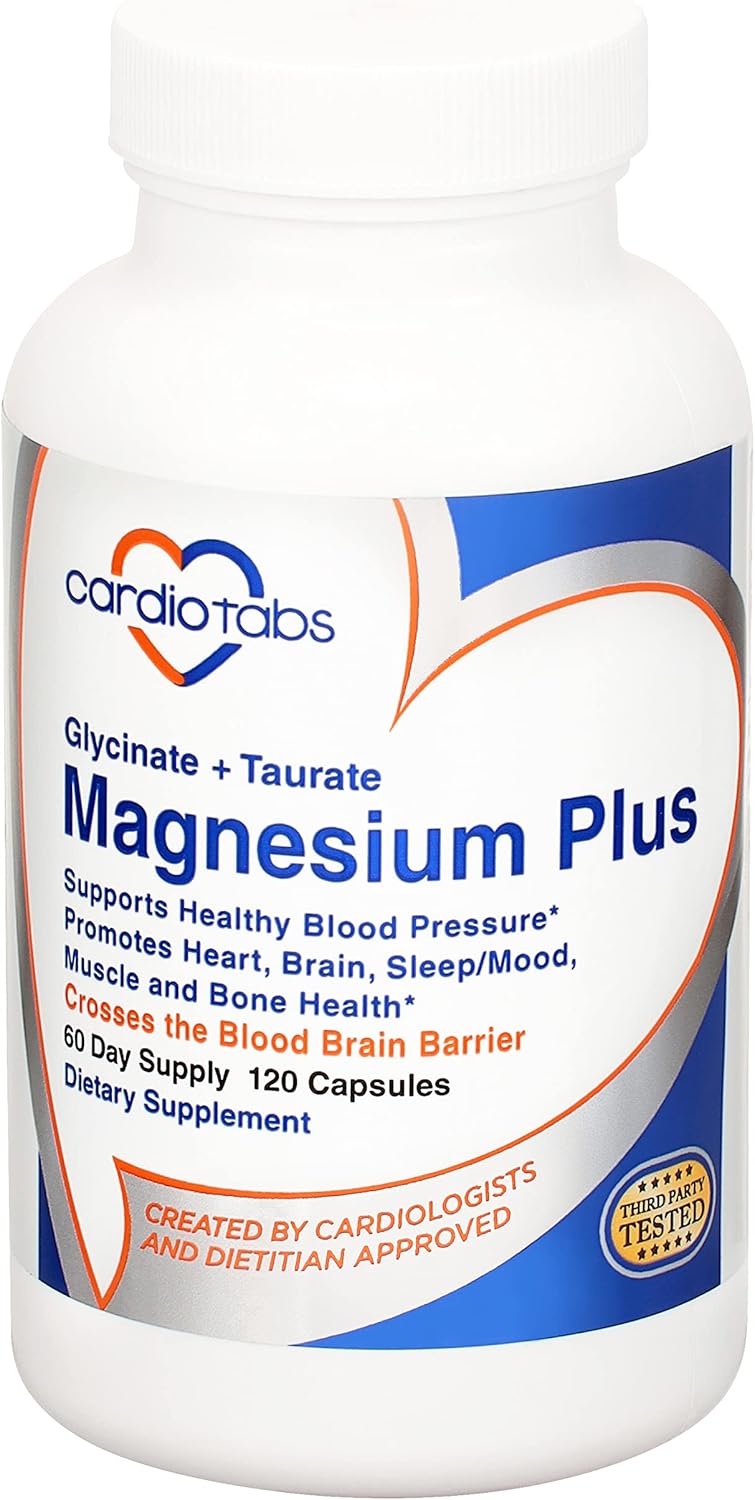 CardioTabs, Magnesium Plus – 200 mg of Magnesium Glycinate and Magnesium Taurate for Blood Pressure, Heart, Brain, Sleep & Mood Support – Highly Concentrated and Well Absorbed - 120 Capsules