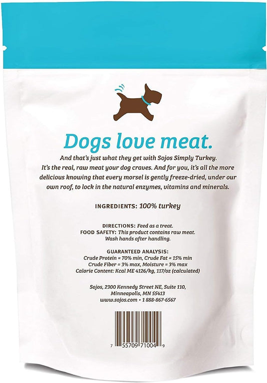 SOJOS, 2 Pack of Simply Turkey Dog Treats, 4 Ounces each, 100 Percent Raw Freeze-Dried Meat, Made in the USA