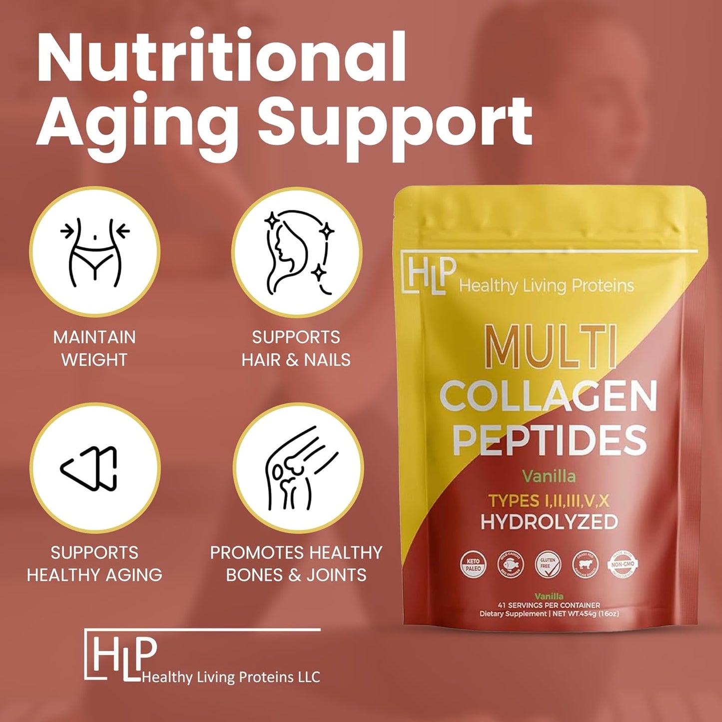 Healthy Living Proteins, Hydrolyzed Multi Collagen Peptides Powder Types I, II, III, V & X - Grass Fed Bovine, Wild Caught Marine, Free Range Chicken - Gluten Free (Vanilla, 16 oz)