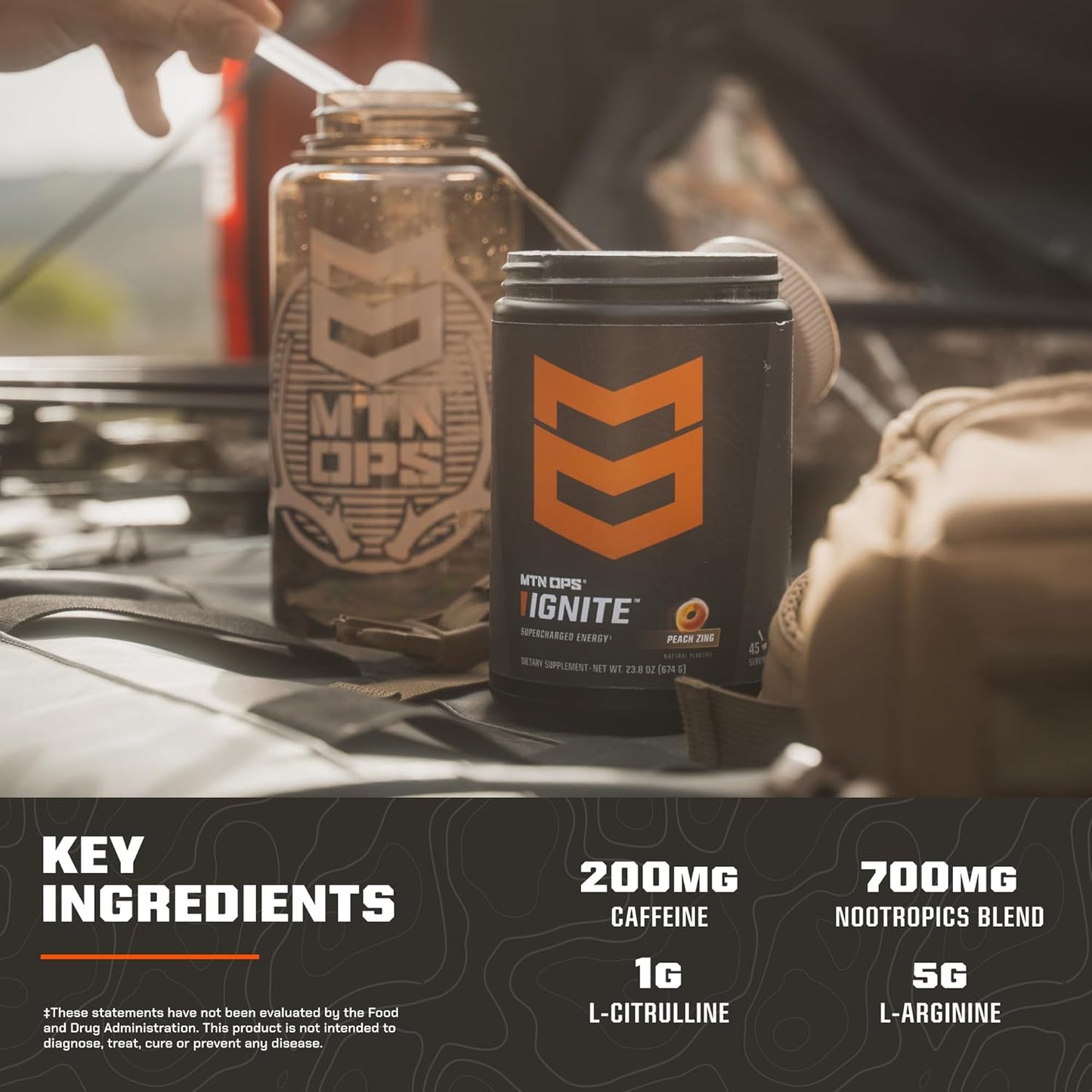 MTN OPS, Ignite Sugar Free Energy Drink Powder with 200mg Caffeine, Nootropic Blend for Energy, Focus & Endurance, L Arginine & L Citrulline Pre Workout, 45 Servings, Pineapple