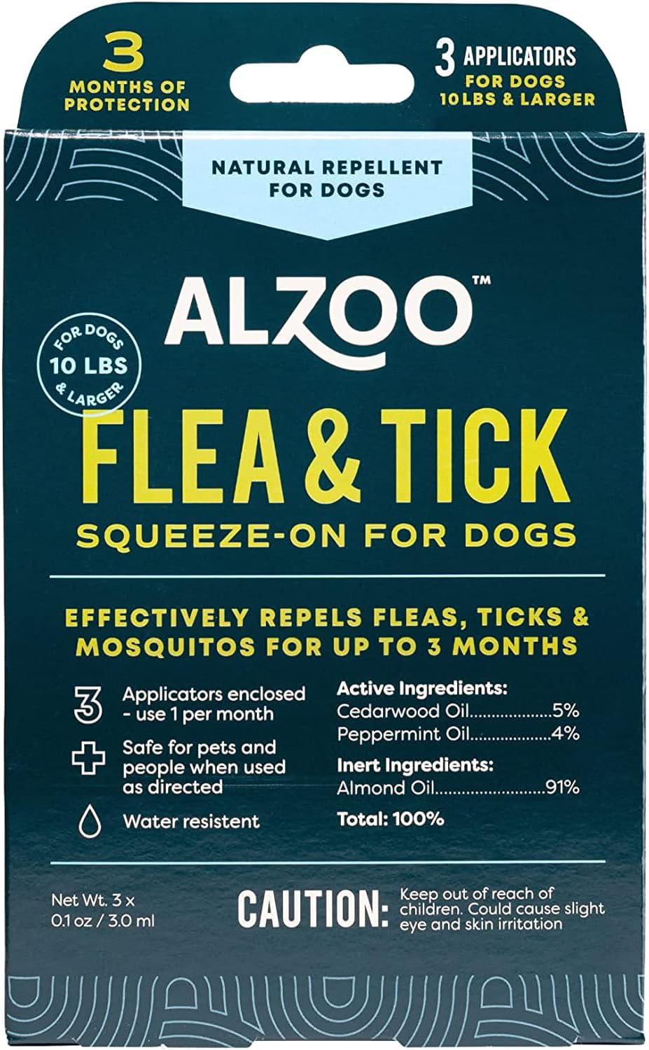 ALZOO, Plant Based Flea & Tick Squeeze-On for Dogs, Helps Repel Fleas, Ticks & Mosquitos, Up to 3-Months Protection, Plant-Based Active Ingredients, Water-Resistant, 3 EZ-On Applicators Per Pack