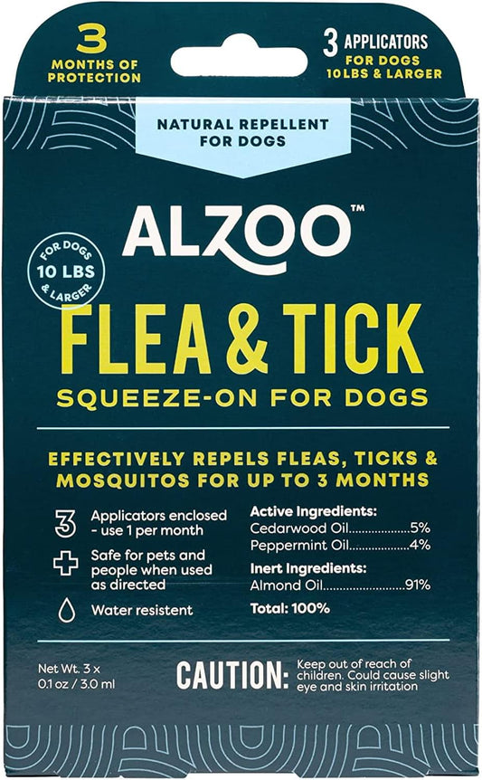 ALZOO, Plant Based Flea & Tick Squeeze-On for Dogs, Helps Repel Fleas, Ticks & Mosquitos, Up to 3-Months Protection, Plant-Based Active Ingredients, Water-Resistant, 3 EZ-On Applicators Per Pack