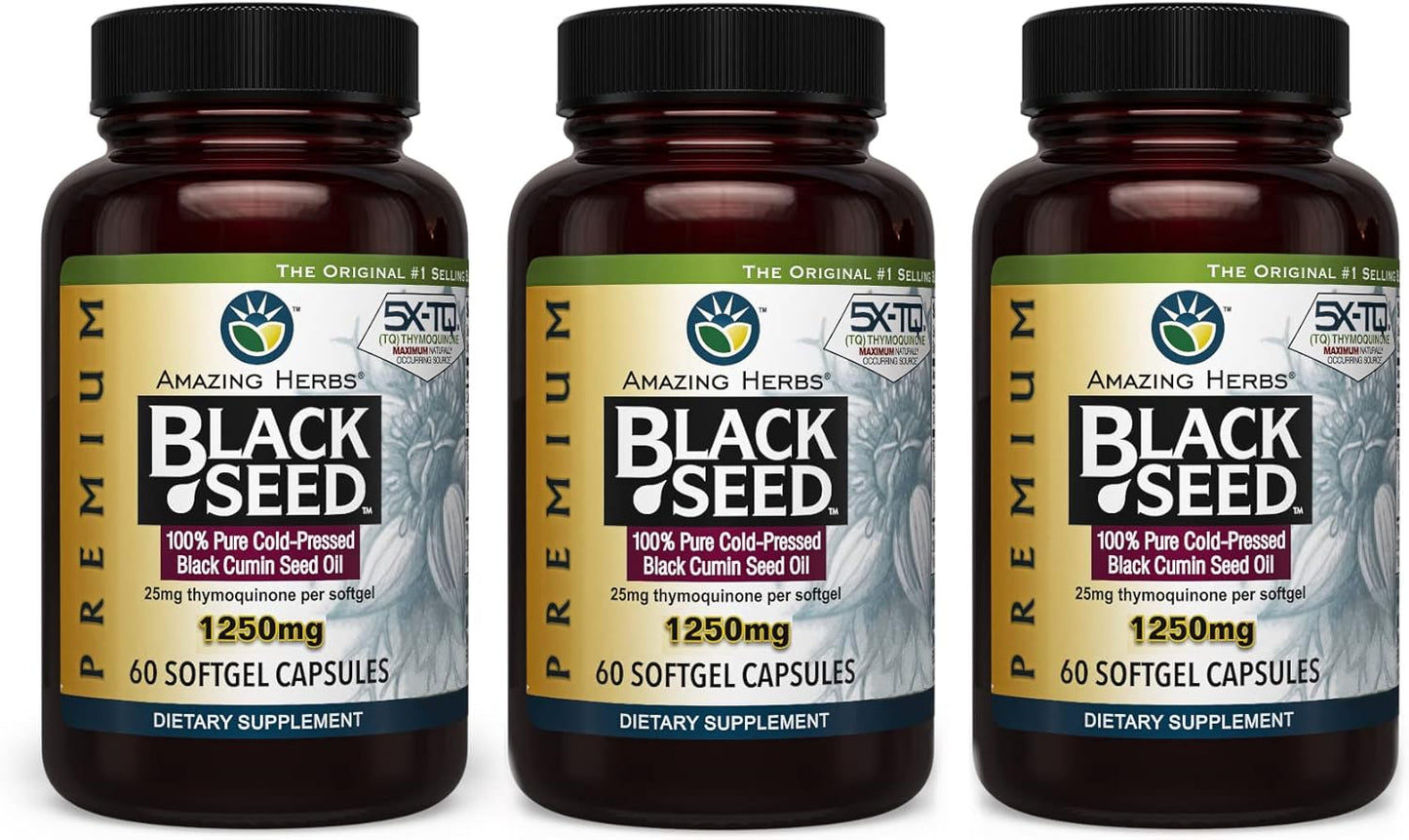 Amazing Herbs, Premium Black Seed Oil Capsules - High Potency, Cold Pressed Nigella Sativa Aids in Digestive Health, Immune Support & Brain Function - 60 Count, 1250mg (Pack of 3)