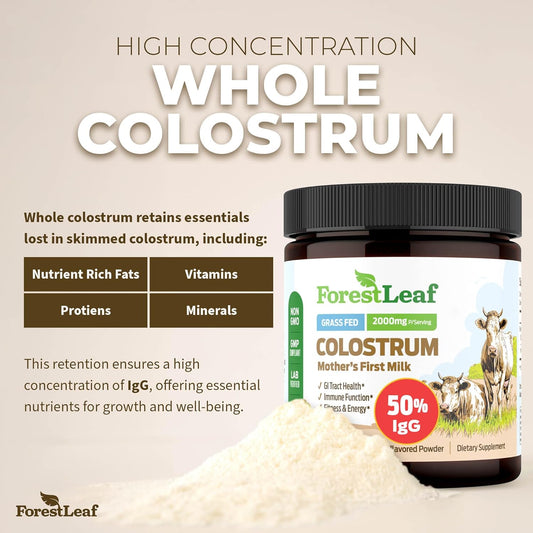 ForestLeaf, Colostrum Powder 50% IgG Highest Pure Concentration, Grass Fed Colostrum Supplement for Gut Health, Immune Support and Muscle Recovery, Bovine Colostrum for Humans, Unflavored, 45 Servings