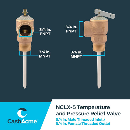 Cash Acme, 3/4 Inch NCLX-5 Temperature and Pressure Relief Valve, Push to Connect Brass Plumbing Fittings, Copper, CPVC Pipe, 150 PSI, 15836-0150