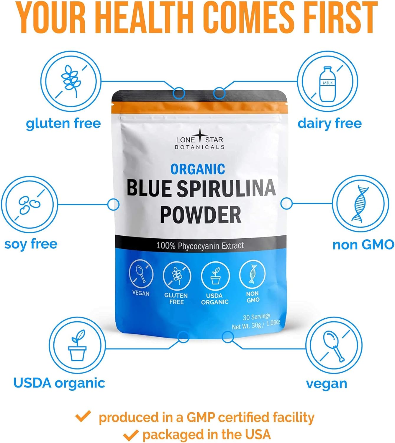 Lone Star, Organic Blue Spirulina Powder - 100% Pure Superfood, Blue-Green Algae, No Fishy Smell, Natural Food Coloring for Smoothies & Protein Drinks - Non GMO, Gluten-Free, Vegan + USDA Certified, 30 Servings