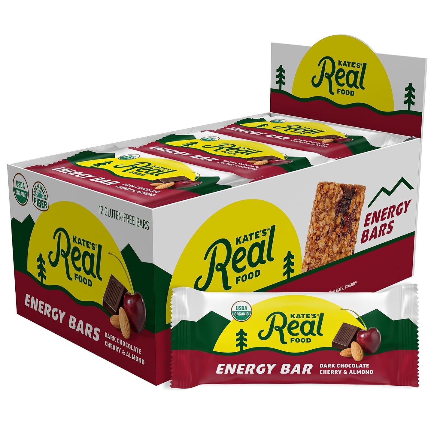 Kate’s, Real Food Organic Granola Bars - Dark Chocolate Cherry & Almond (2.2 oz, Pack of 12) - Organic Energy Bars Made with Gluten Free Oats - Non GMO, Soy Free, Whole Grains, and All Natural - Healthy Snacks