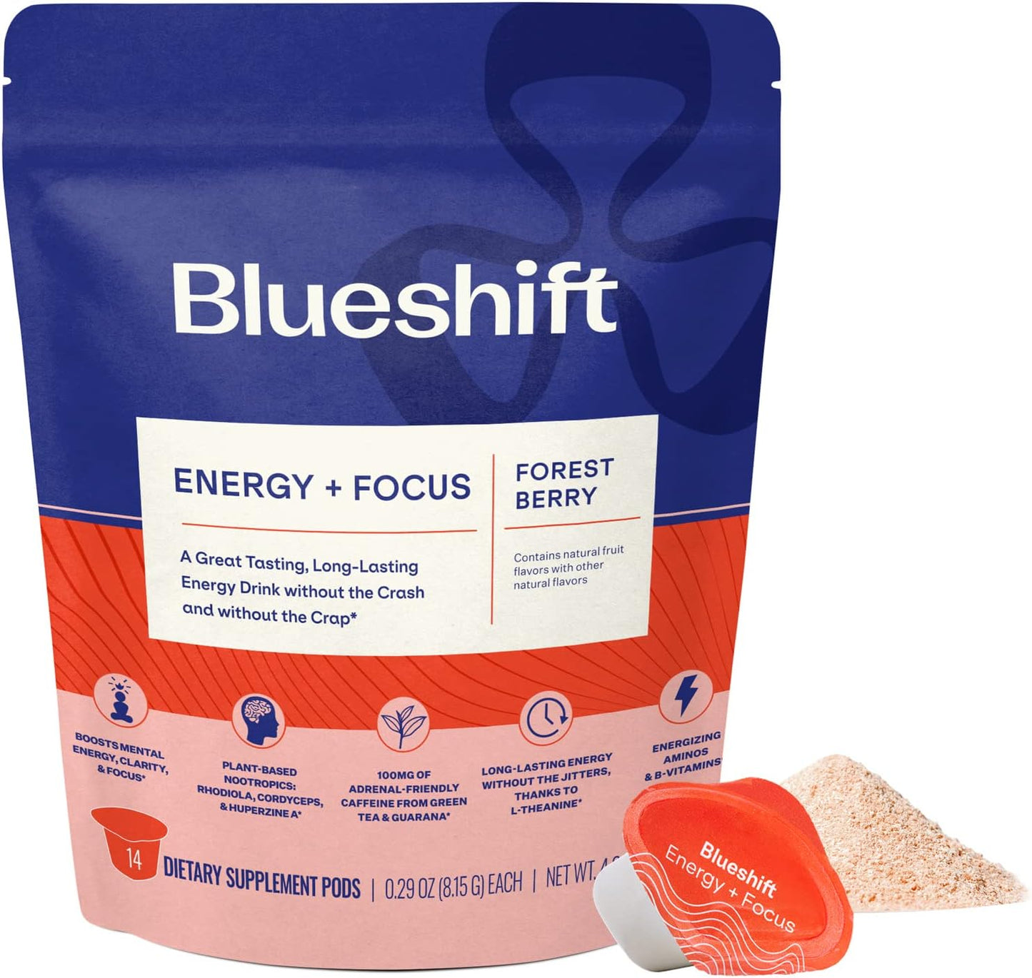 Blueshift, Energy & Focus w/ Nootropics | Sugar Free w/ Natural Caffeine | Brain Focus Supplement with Green Tea, Guarana, B12, Huperzine A | Keto Friendly, Vegan, Gluten Free Drink Powder (14 Pack)