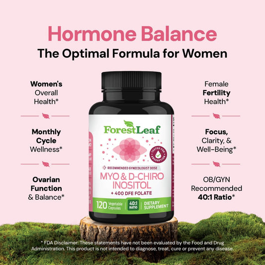 ForestLeaf, Myo-Inositol & D-Chiro Inositol Supplement for Women's Health | Fertility Supplements Women | Inositol 40:1 Ratio Support Ovarian Function & Healthy Hormone Balance Women | 2050mg | 120 Powder Caps