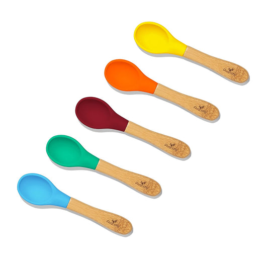 Avanchy, Baby Spoons 5 Bamboo and Silicone Set, Self Feeding Food Utensils, 4 Months Baby Led Weaning, 5 Pack W/Blue