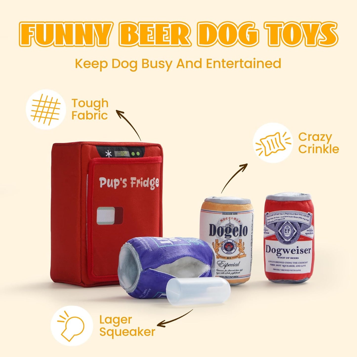 Nocciola, Squeaky Beer Dog Toys with a Fridge, Funny Crinkle Hide and Seek Dog Chew Toys for Small Medium Large Breeds, Plush Stuffed Puppy Birthday Gifts