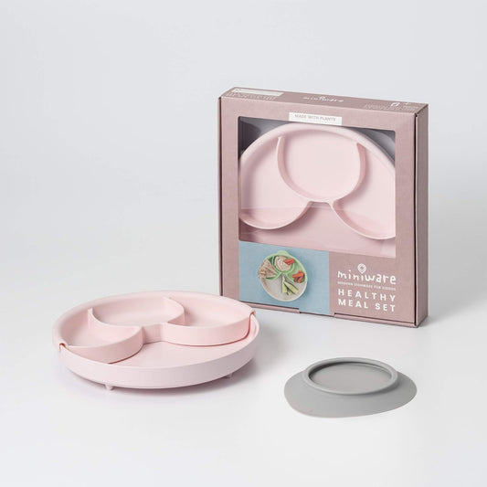 Miniware, Healthy Meal Set with Sandwich Plate, Divider, and Detachable Suction Foot for Baby Toddler Kids - Promotes Self Feeding | Dishwasher Safe (Cotton Candy)