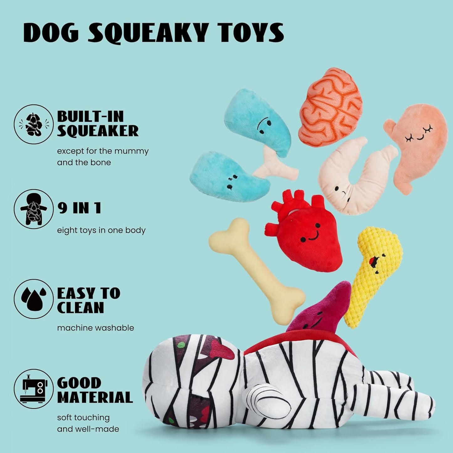 Nocciola, Zombie Mummy Dog Toys with Organs: Funny Cool Hide and Seek Squeaky Chew Toys for Puppies, Small and Medium Size Breed, Plush Stuffed Cognitive Puzzle Toys for Training