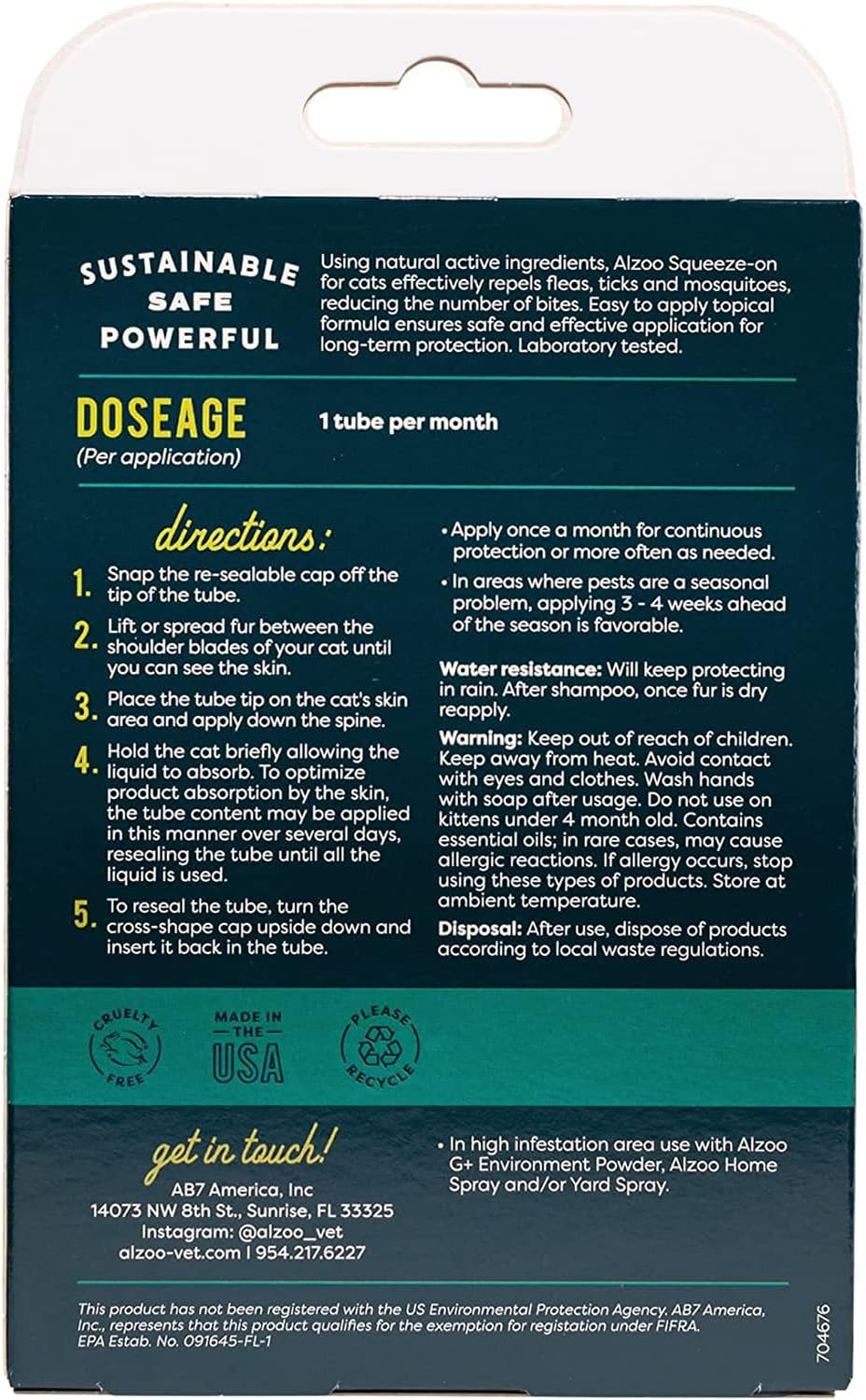 ALZOO, Natural Flea & Tick Squeeze-On for Cats, Helps Repel Fleas, Ticks & Mosquitos, Up to 3-Months Protection, Plant-Based Active Ingredients, Water-Resistant, 3 EZ-On Applicators Per Pack