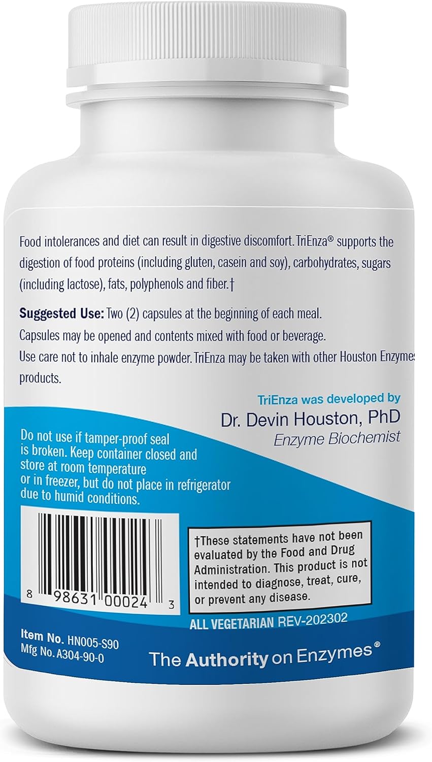 Houston Enzymes, TriEnza | Broad-Spectrum Enzymes for Digestive Intolerances | Supports Digestion of Gluten, Casein, Soy, Proteins, Carbohydrates, Sugars, Fats & Phenols (90 Capsules)