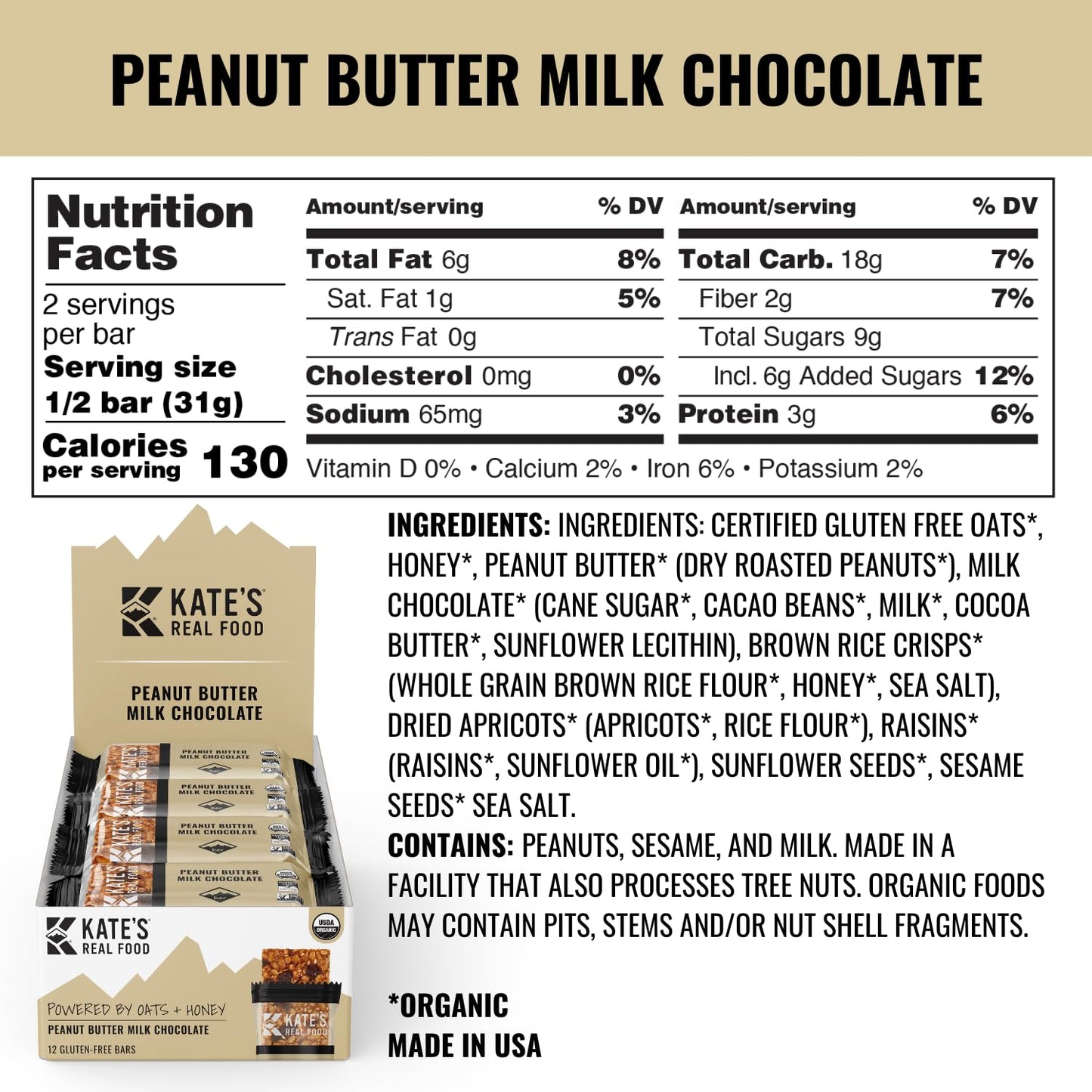 Kate’s Real Food, Organic Granola Bars - Peanut Butter Milk Chocolate (2.2 oz, Pack of 12) Organic Energy Bars with Gluten Free Oats - Non GMO, Soy Free, Whole Grains, and All Natural - Healthy Snacks