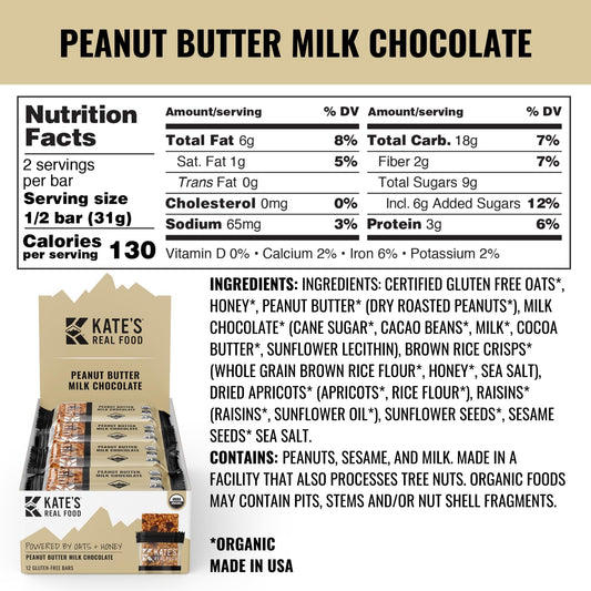 Kate’s Real Food, Organic Granola Bars - Peanut Butter Milk Chocolate (2.2 oz, Pack of 12) Organic Energy Bars with Gluten Free Oats - Non GMO, Soy Free, Whole Grains, and All Natural - Healthy Snacks