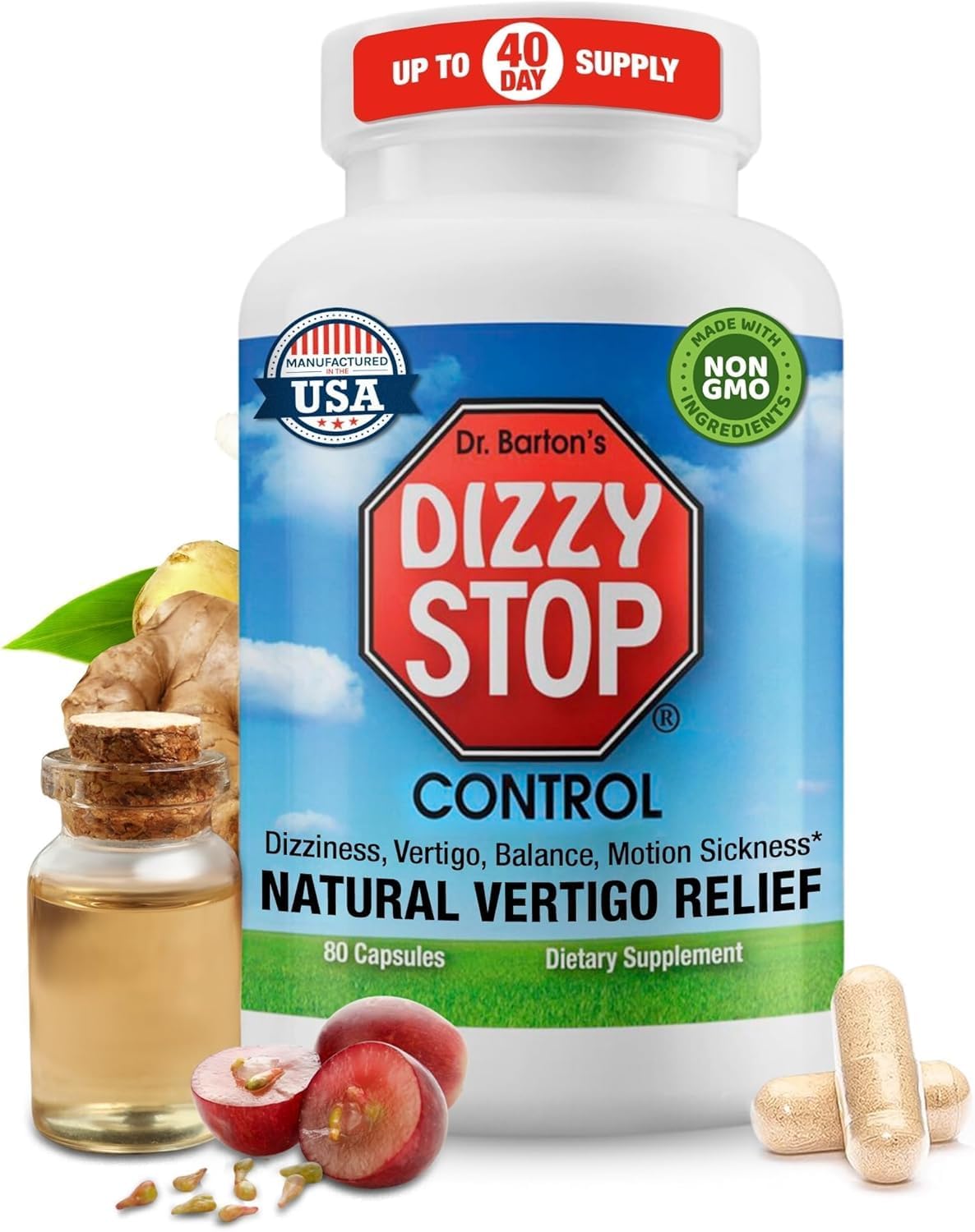 Dr. Barton's, Dizzy Stop  Vertigo Relief Products with Ginger and Grape Seed - Non-Drowsy Motion Sickness Pills for Dizziness Relief and Inner Ear Balance - 80 Count