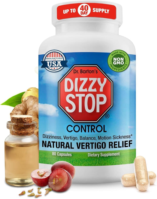Dr. Barton's, Dizzy Stop  Vertigo Relief Products with Ginger and Grape Seed - Non-Drowsy Motion Sickness Pills for Dizziness Relief and Inner Ear Balance - 80 Count