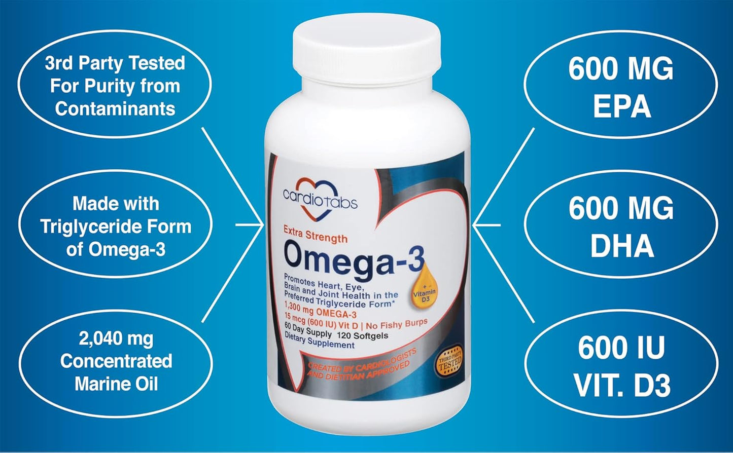 CardioTabs, Omega-3 Extra Strength + Vitamin D3, Triglyceride Form, 1300 mg Omega-3, 600 DHA / 600 EPA, with 600 IU Vitamin D3