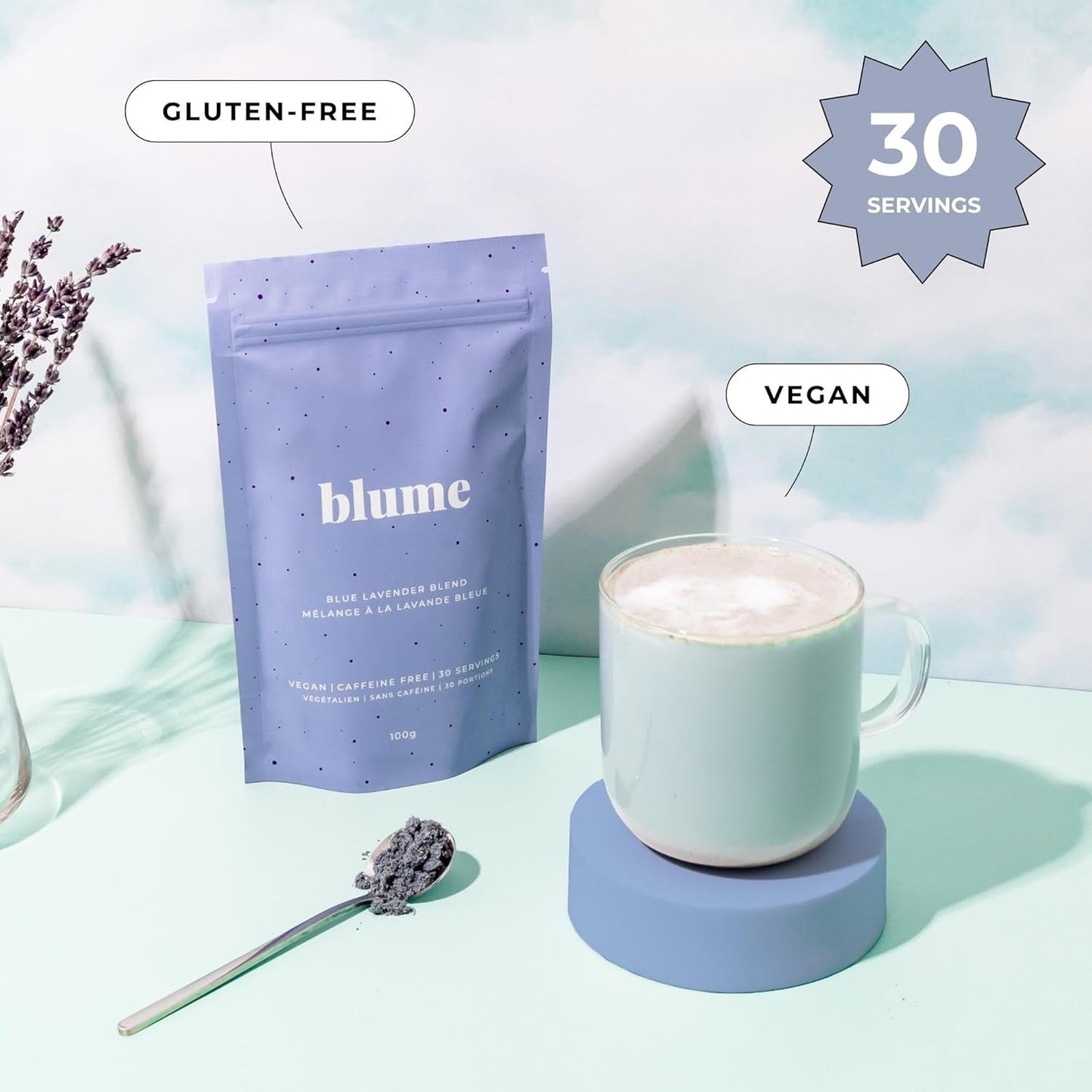 Blume, Blue Lavender Latte - Calming Lavender Powder for Drinks- Lavender Milk Tea Drink Mix with Blue Spirulina and Coconut Milk - 30 Servings