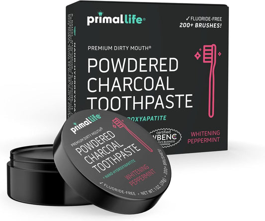 Primal Life Organics,  Dirty Mouth Toothpowder, Activated Charcoal Tooth Cleaning Powder, Essential Oils with Kaolin & Bentonite Clay, Good for 200+ Brushings, Organic, Vegan (Black Peppermint, 1 oz)
