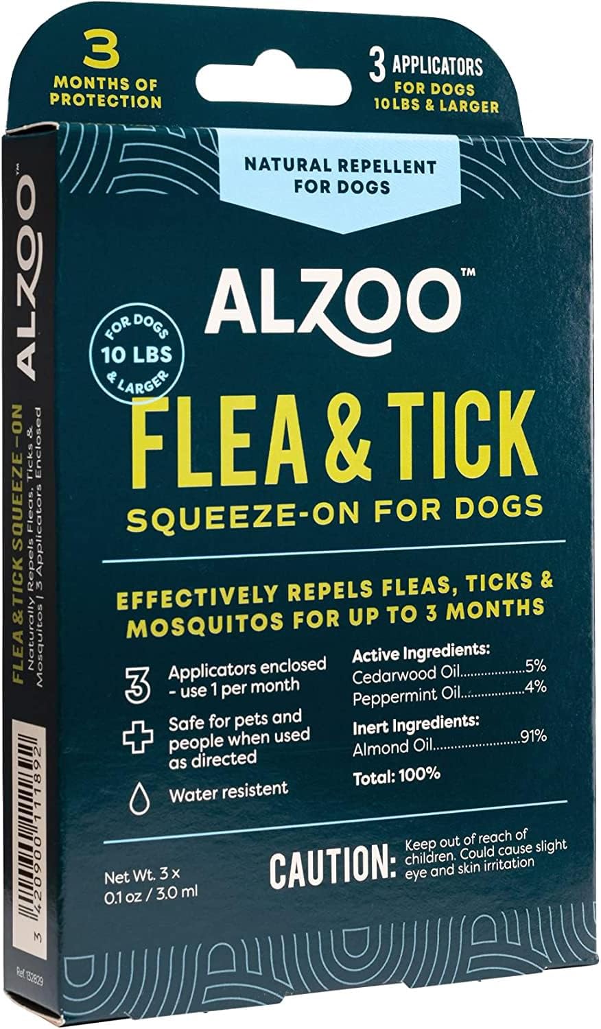 ALZOO, Plant Based Flea & Tick Squeeze-On for Dogs, Helps Repel Fleas, Ticks & Mosquitos, Up to 3-Months Protection, Plant-Based Active Ingredients, Water-Resistant, 3 EZ-On Applicators Per Pack